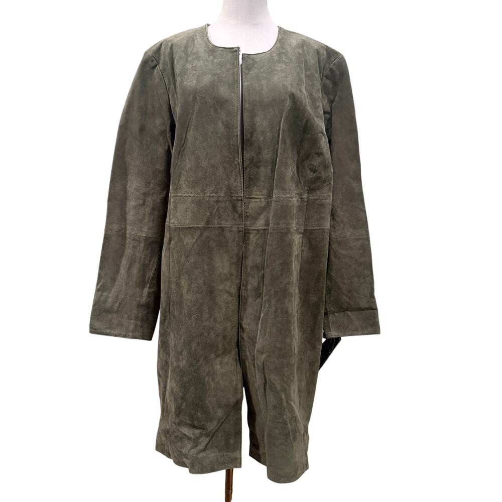 NWT Pamela McCoy Olive Green Suede Leather Duster Coat Jacket 2X Quiet Luxury